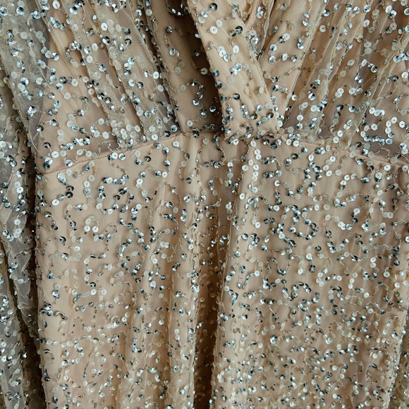 Mac Duggal Beaded Champagne Mini Dress NWT | Long Sleeve Cocktail Size 8 - Picture 3 of 10